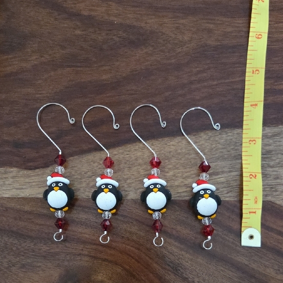 Penguin Christmas Ornament Hooks with Red and Clear Bead Accents - Picture 4 of 5